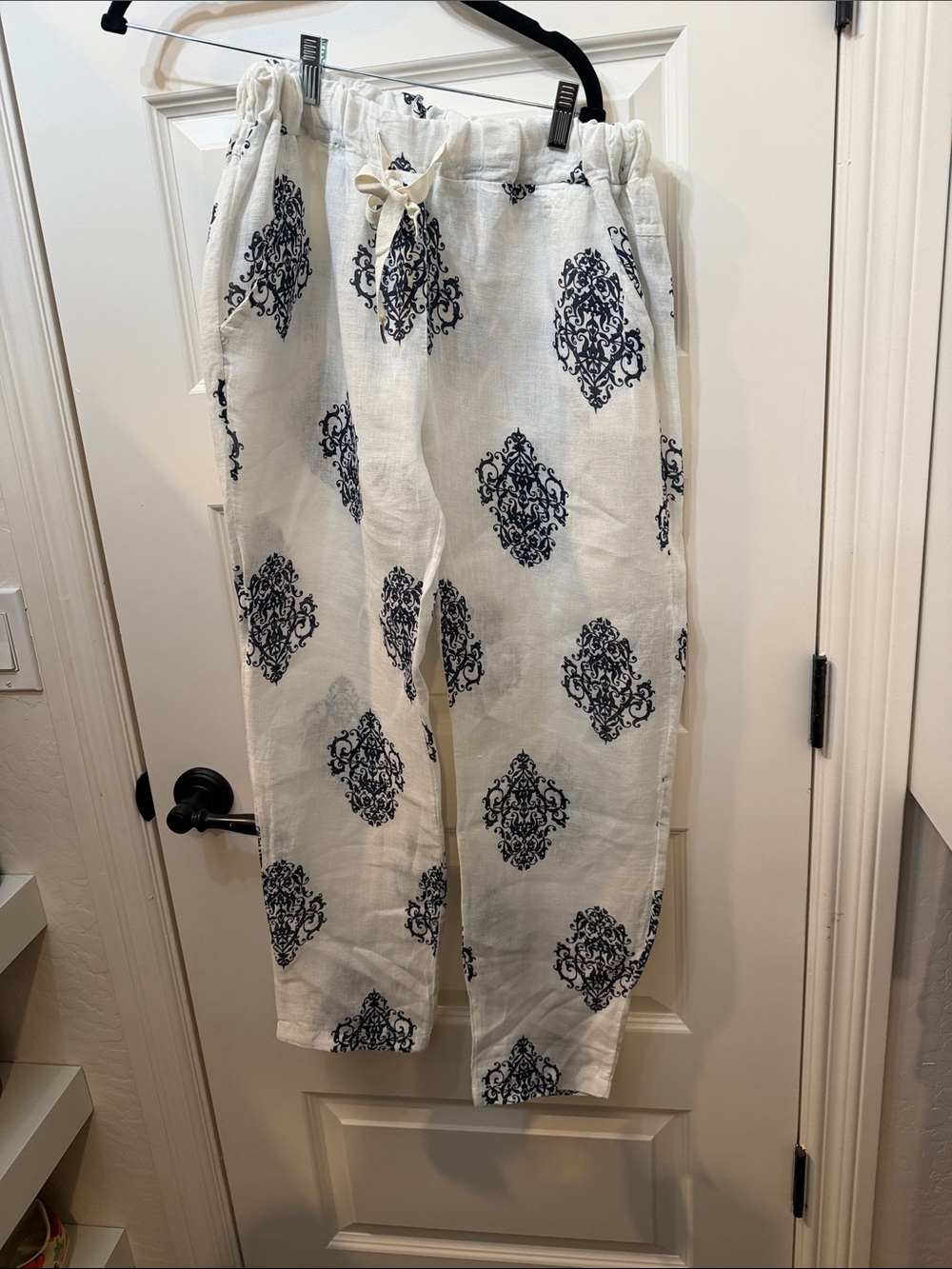 Women’s White Drawstring Linen Pants with Navy Medallion Print